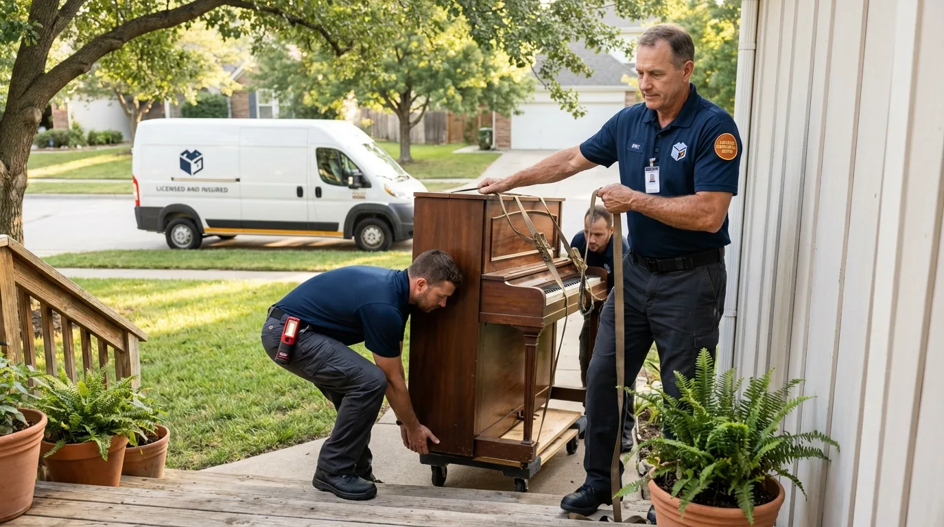 Licensed piano movers securing grand piano in Gresham, OR