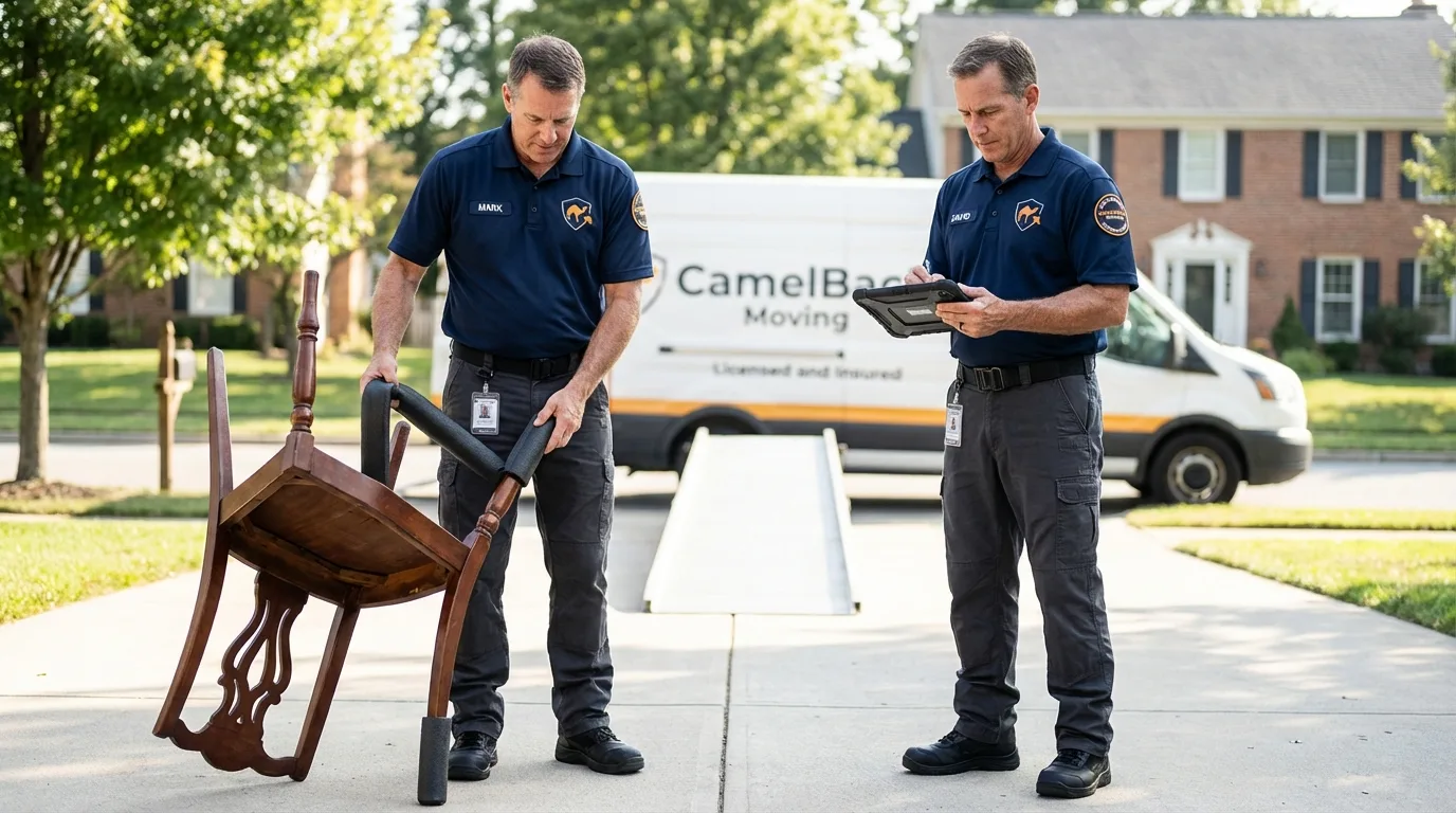 Movers inspecting furniture for damage prevention before loading in Gresham, OR