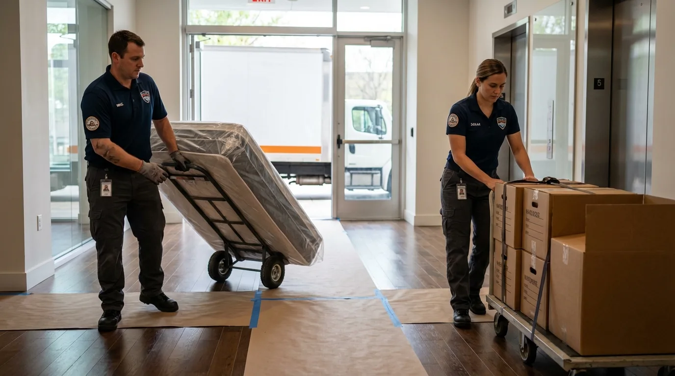 Professional apartment movers loading elevator in Gresham, OR
